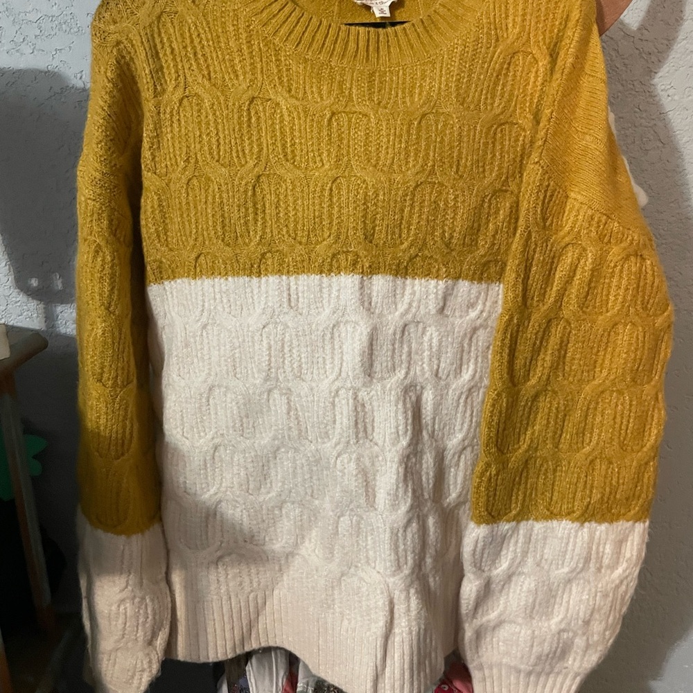 Hem & Thread Mustard and Cream Cable Knit Sweater